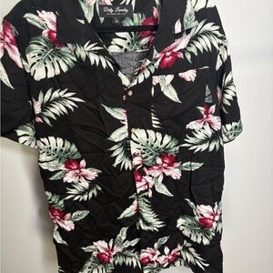 Dirty Laundry Black Tropical Floral Shirt with Green and Pink Print